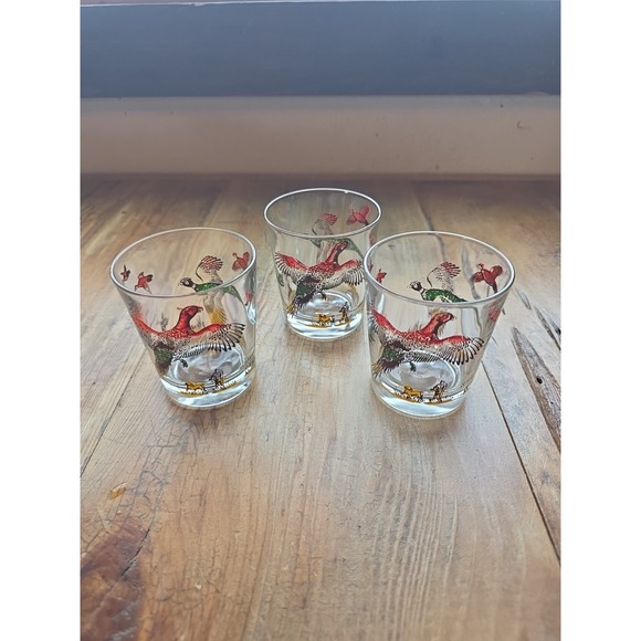 Atlas Other - Vintage Pheasant Hunting Shot Glasses Set of 3 Hunter and Dog Bird Scene Clear